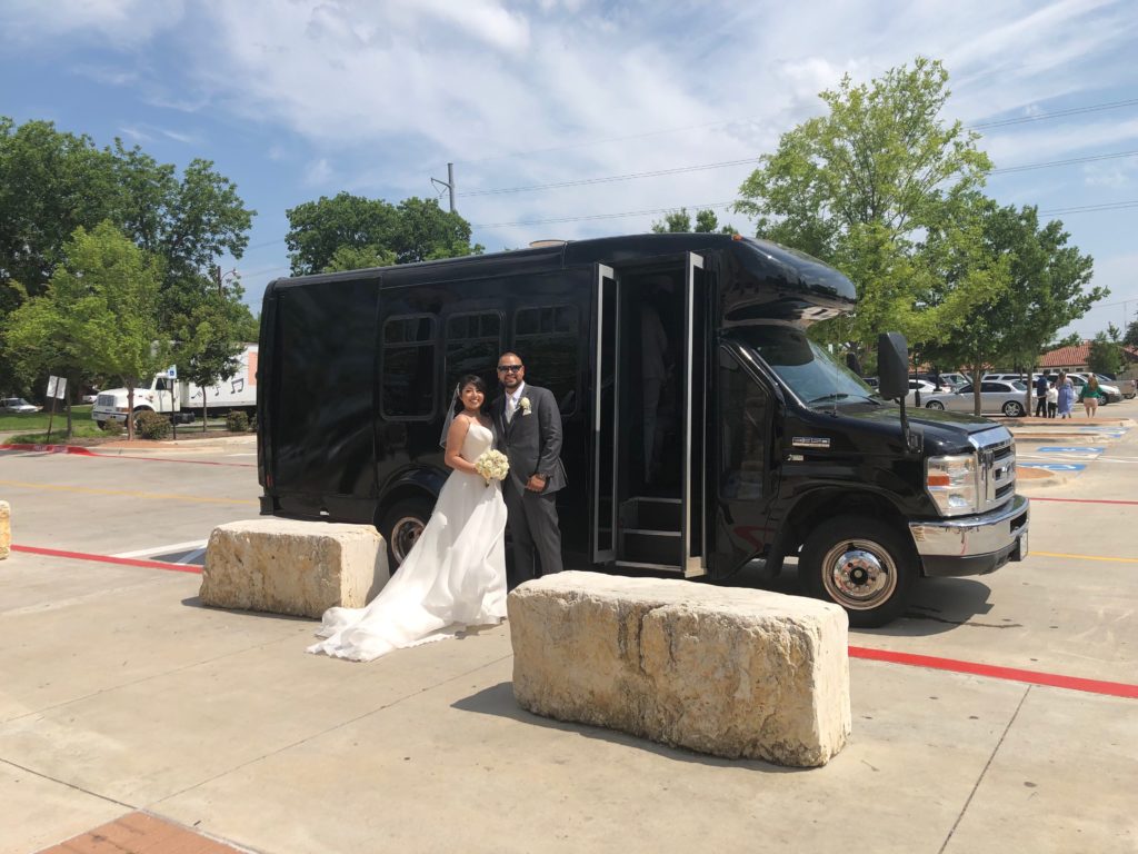 wedding couple and party buses in Dallas