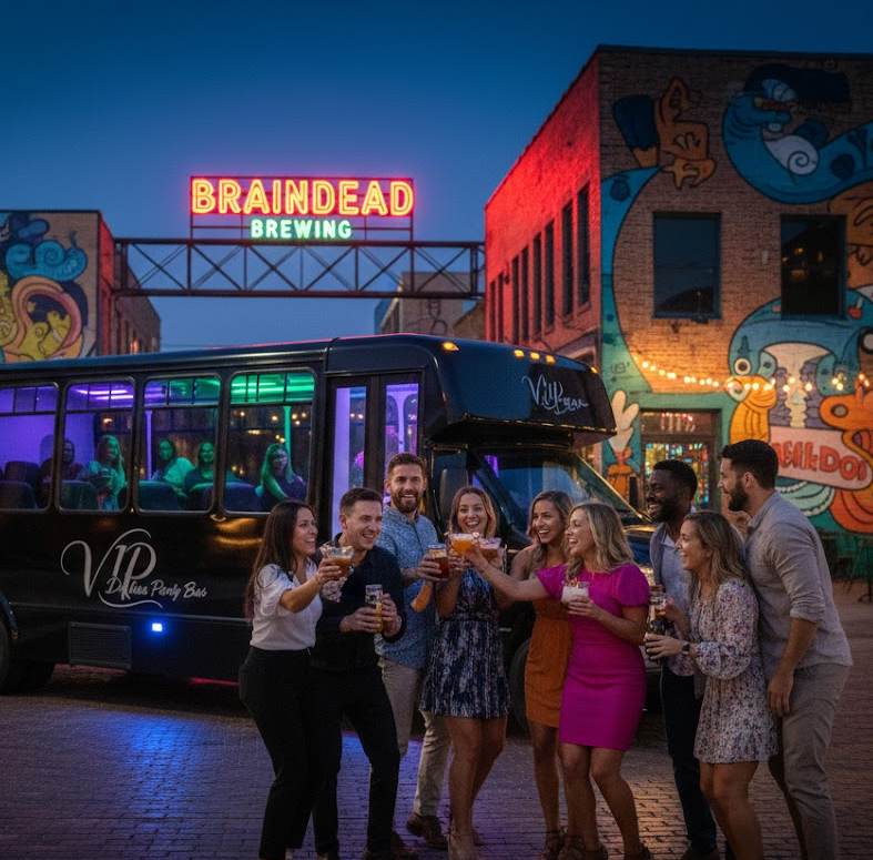 Popular destination dallas, a group of party goers in front of a party bus